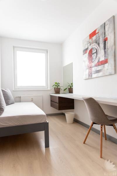 A room in a 4-room apartment with a sofa, a table, a chair, and a picture on the wall.