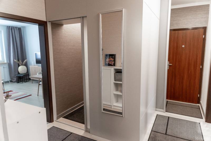Entrance hall in a 4-room apartment with wood-patterned flooring and a mirror.