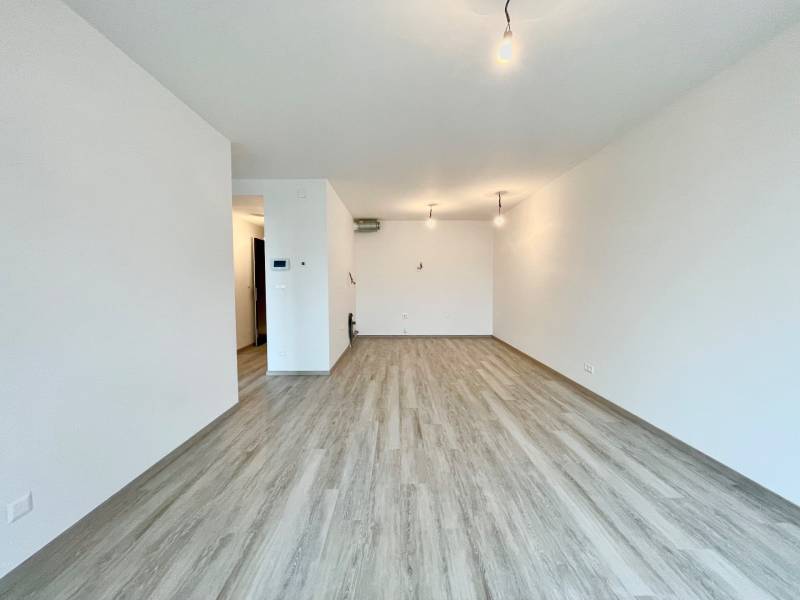 A spacious room in a 2-room apartment with a wood-patterned floor and white walls.