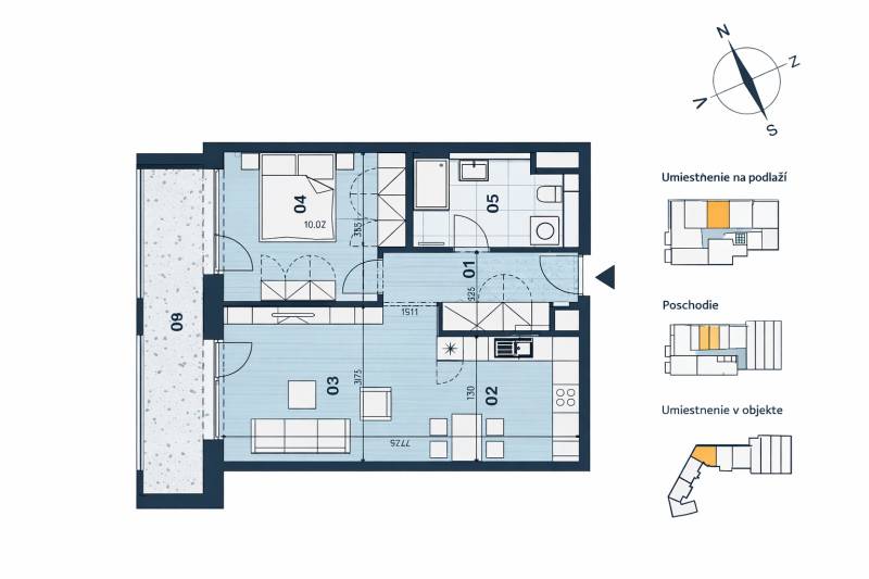 Floor plan of a 2-room apartment with a living room, kitchen, bedroom, and balcony.