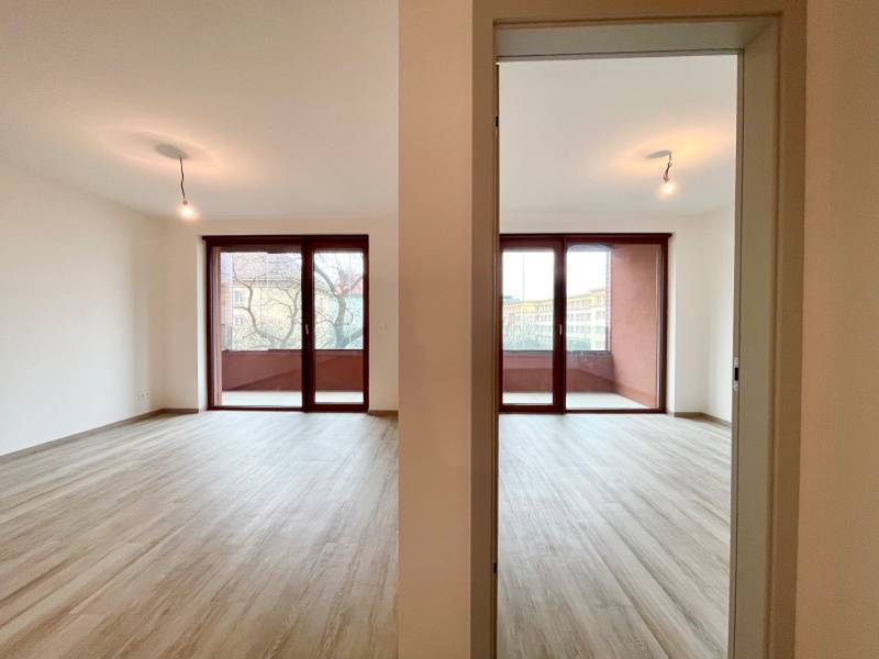 Interior of a 2-room apartment with access to a balcony, floor with wood decor.