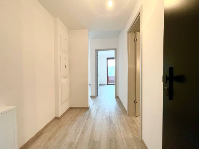 A hallway in a 2-room apartment with a wooden decor floor and white walls.
