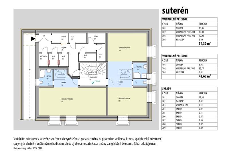 Basement floor plan of a recreational apartment with variable spaces and storage rooms.