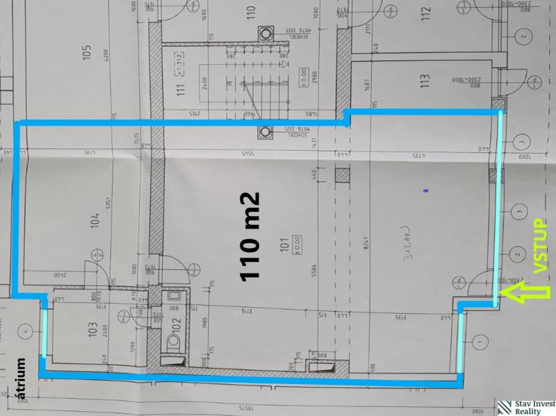 Floor plan of commercial premises with an area of 110 m², marked entrance, and precise dimensions.