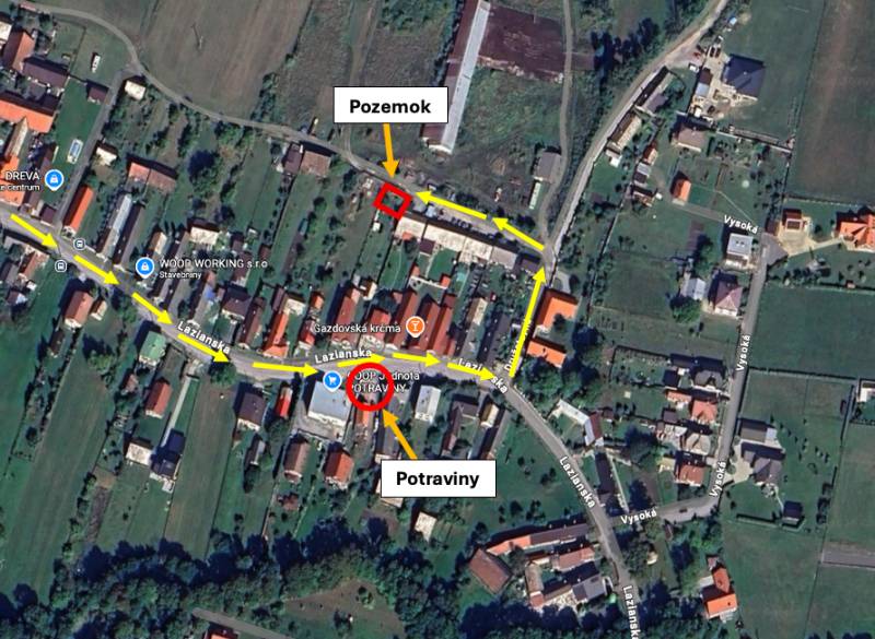 An aerial map showing Kláštor pod Znievom with marked routes between the property and grocery stores.