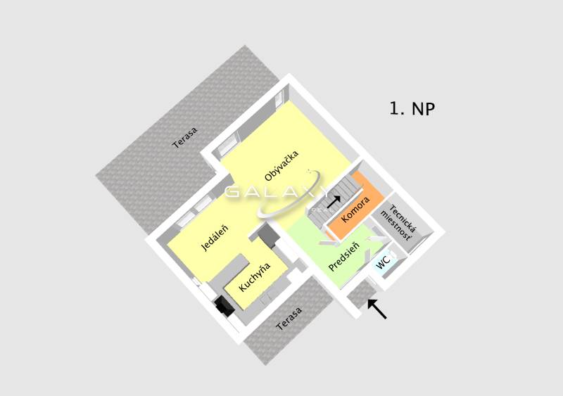 Floor plan of a family house: kitchen, dining room, living room, and terrace in Dunajský Klátov.