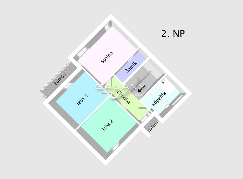 Second floor layout of a family house: bedroom, two rooms, bathroom, balconies.