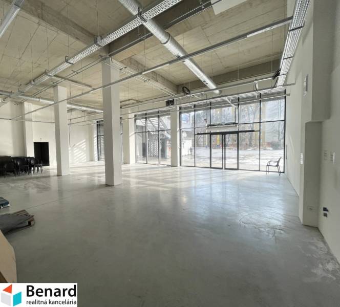 Spacious commercial spaces with large windows, concrete flooring, and light strips.