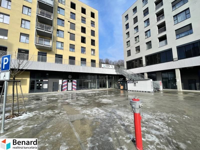 Commercial premises on Prostějovská Street in Prešov with an icy sidewalk and buildings.