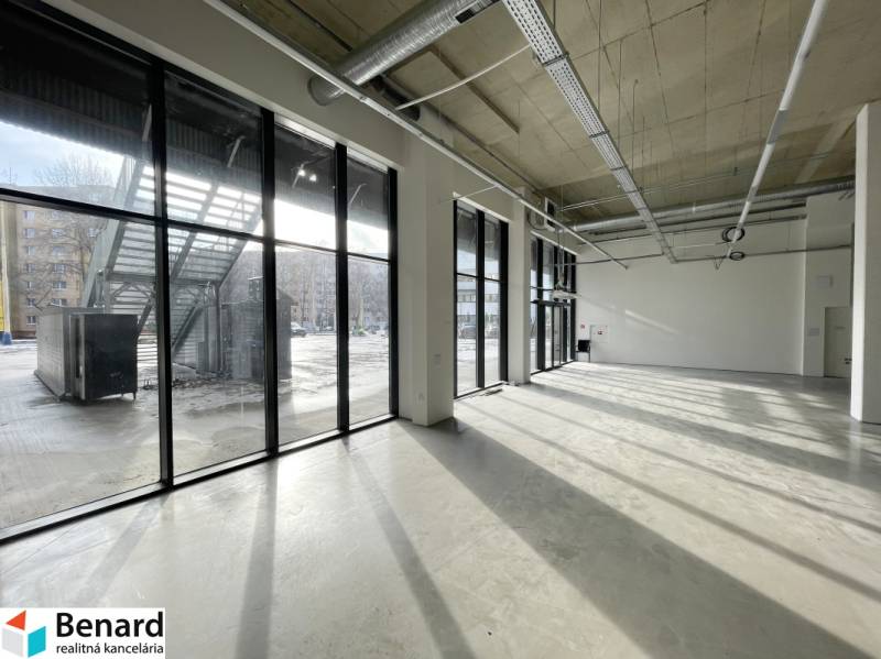 Spacious commercial spaces with large windows and views of the outdoor area.