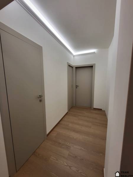 A hallway in a 2-room apartment with a wood-patterned floor and built-in lighting.