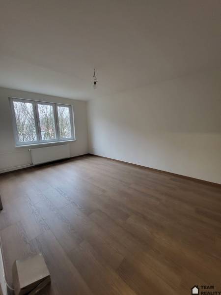 An empty room in a 2-room apartment with wood-patterned flooring and a large window.