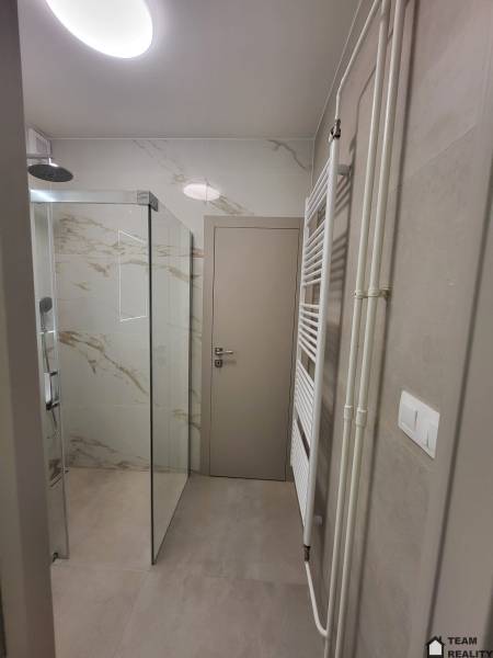 A bathroom with a shower and a radiator in a 2-room apartment.