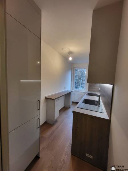A kitchen in a 2-room apartment with a wood-patterned floor and modern cabinets.