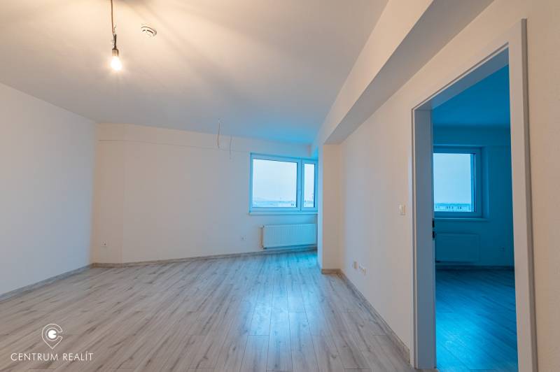 Living room in a two-room apartment with a wood-patterned floor and a large window.