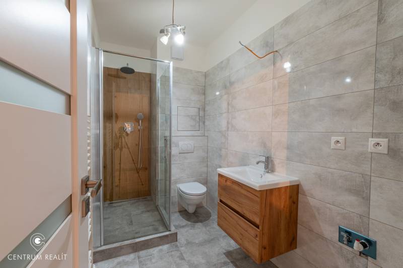 Bathroom with toilet, shower, and sink in a 2-room apartment, floor with wood decor.
