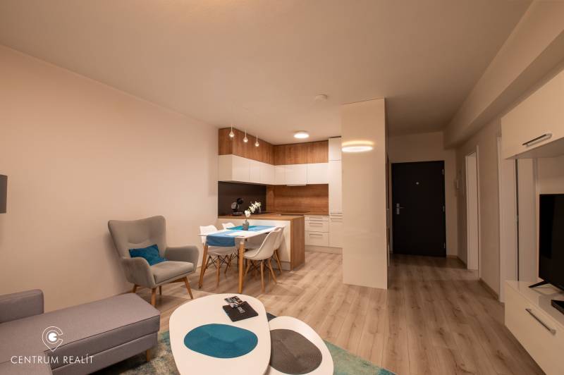 Living room with a kitchen in a two-room apartment with a wooden decor floor.