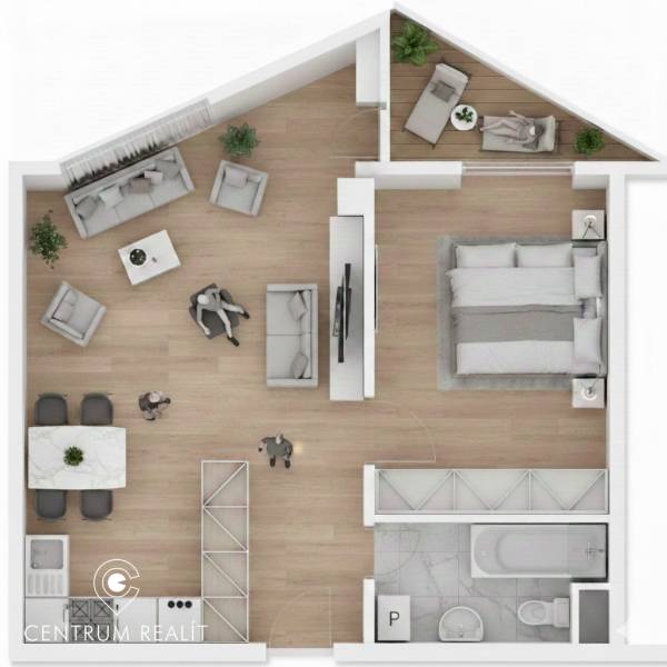 Floor plan of a 2-room apartment with wood-patterned flooring and a balcony.