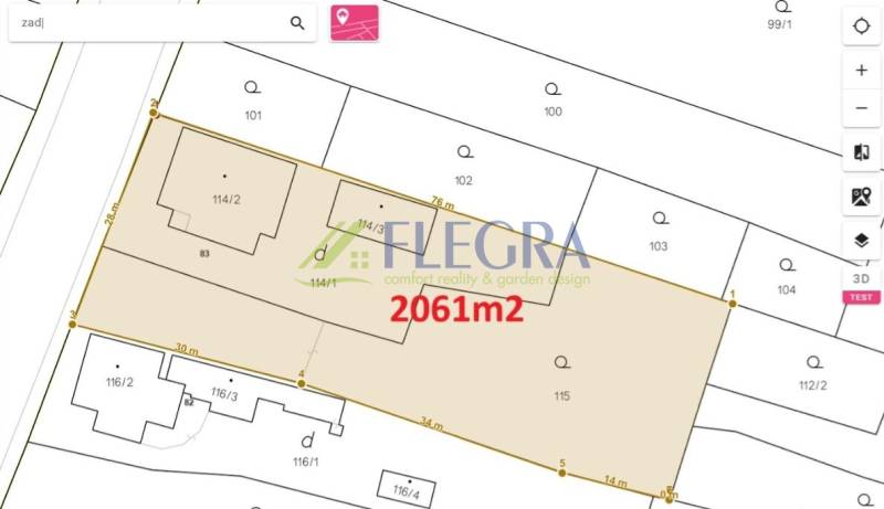The cadastral map shows a family house in Veľké Raškovce with an area of 2061 m².