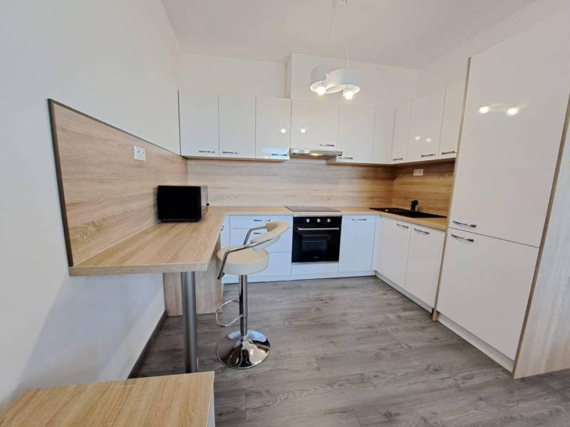 A kitchen in a 2-room apartment with white cabinets and a wooden decor floor.