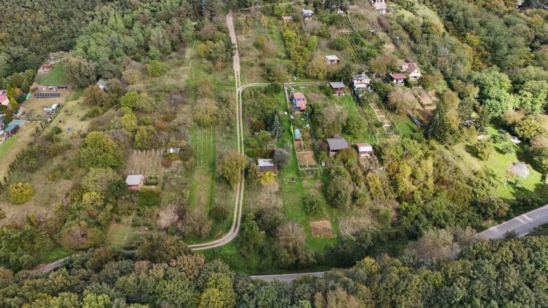 Aerial view of cottages amidst nature near Hlohovec.