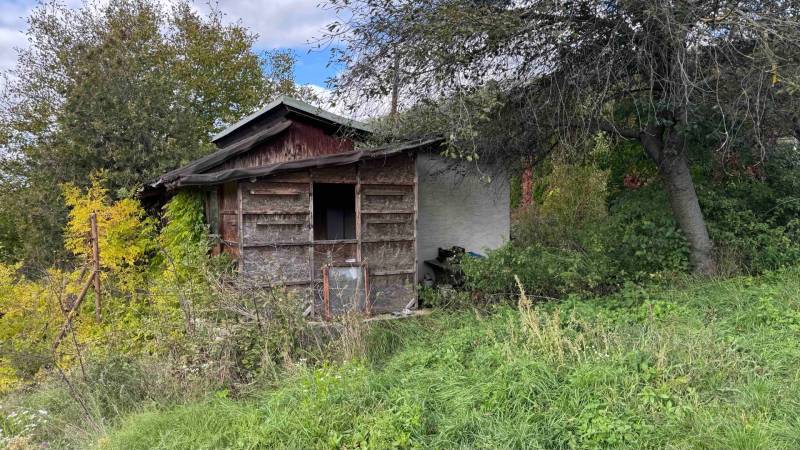 An abandoned cottage in Hlohovec surrounded by dense vegetation and neglected surroundings.