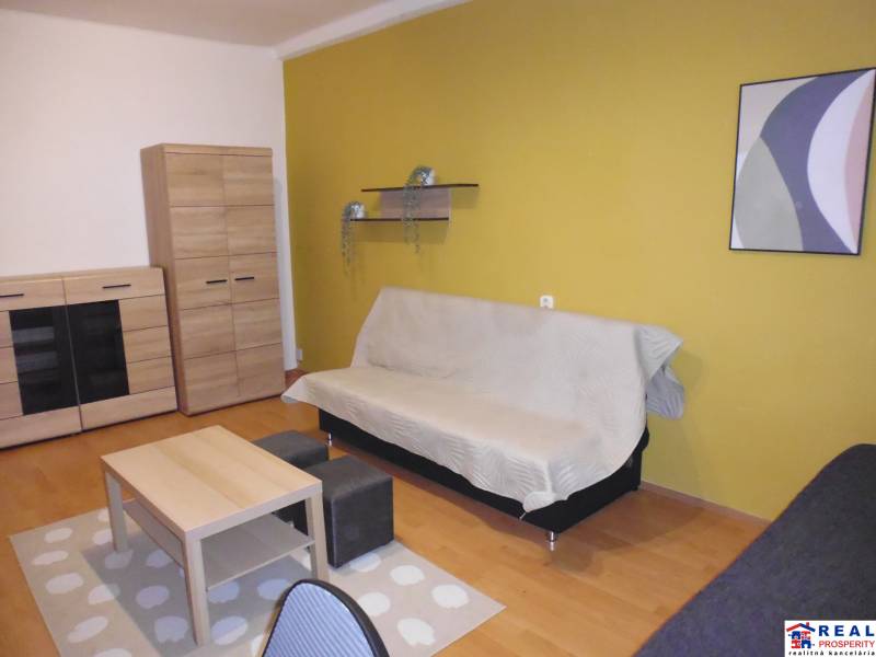 1-bedroom apartment with wood-patterned flooring, yellow wall, furniture, and a painting.