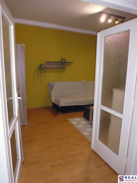 Interior in a 1-room apartment with a wood-patterned floor and a yellow wall.