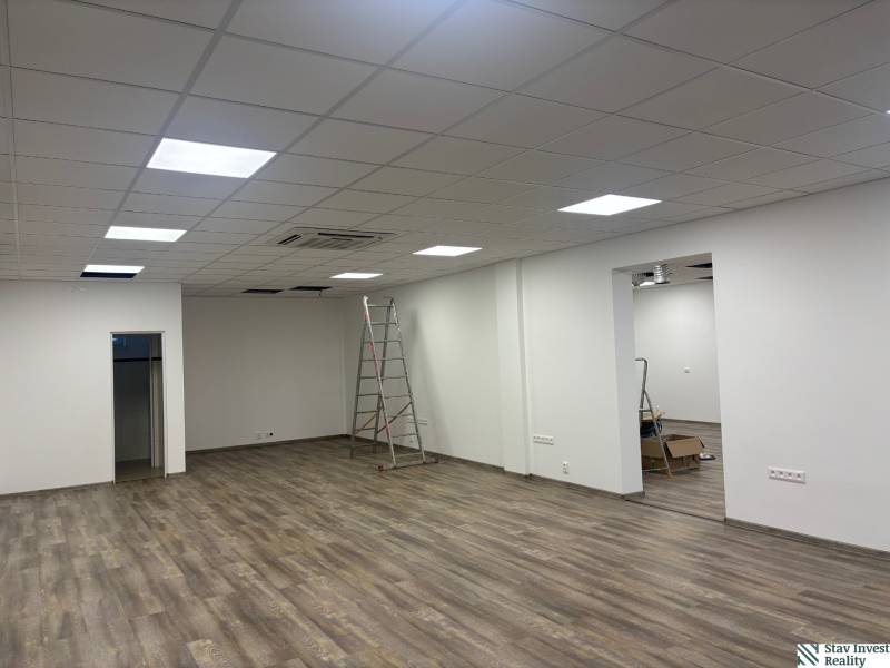 Commercial space with a wooden decor floor and a ladder in the corner of the room.