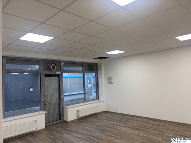 Commercial spaces with wood-patterned flooring and large windows.