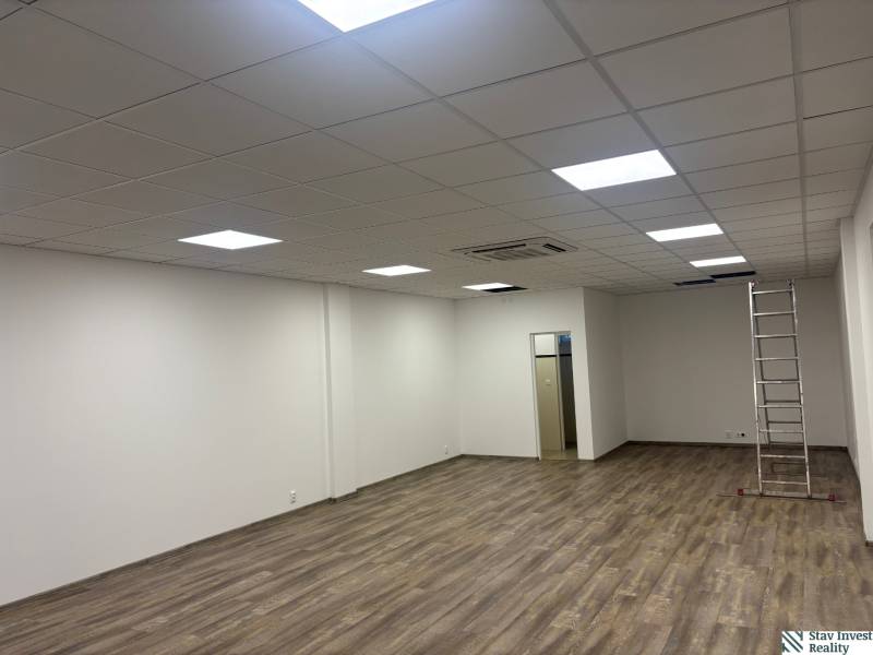 Commercial premises with wood-patterned flooring, ceiling lighting, ladder.