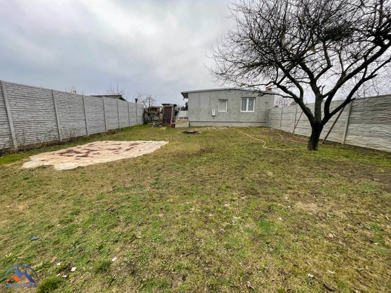 A garden by the cottage in Komárno with a lawn, a tree, and a concrete fence.