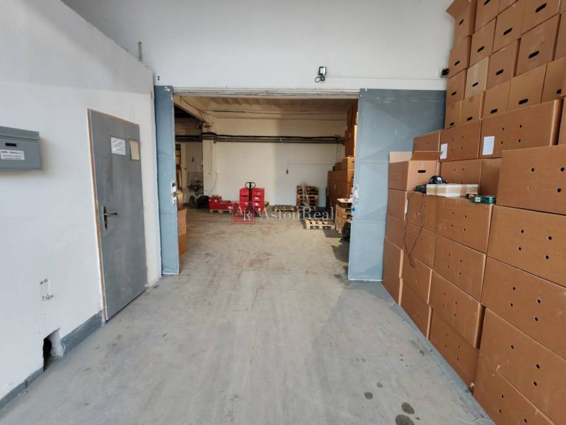 Warehouses and halls with cardboard boxes and pallets, metal doors, concrete floor.