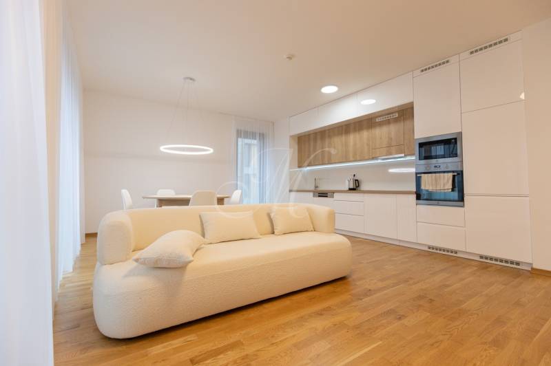 Living room with a white sofa and a kitchen unit; floor with a wooden decor.