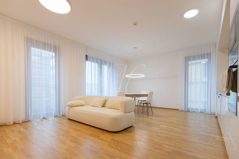 Interior of a 3-room apartment with a sofa, dining table, and wood-patterned flooring.