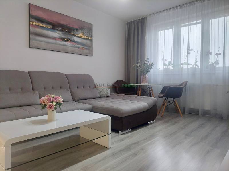 Living room of a two-room apartment with a sofa, table, and wooden decor flooring.