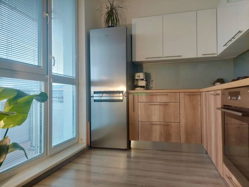 The kitchen of a 2-room apartment with a refrigerator, wooden floor decor, and a plant.