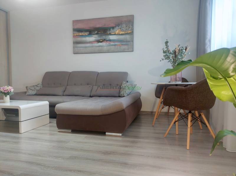 Living room in a two-room apartment with a sofa, coffee table, and wooden decor flooring.