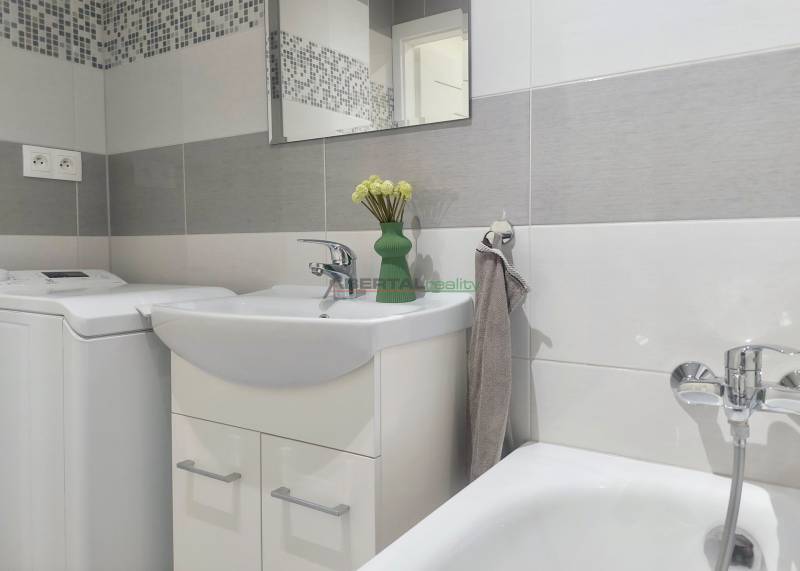 Bathroom in a 2-room apartment with a bathtub, sink, washing machine, and decorative vase.