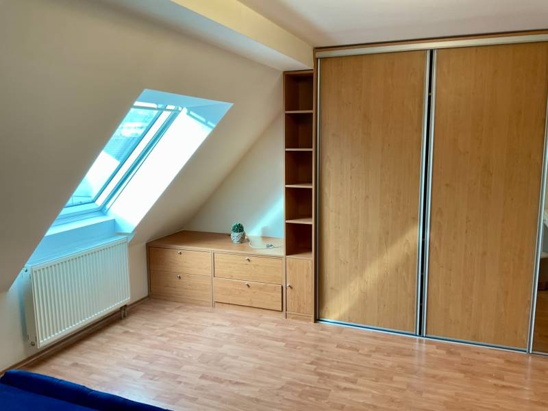 Attic room with a window, cabinet, built-in wardrobe, and floor with a wooden decor.