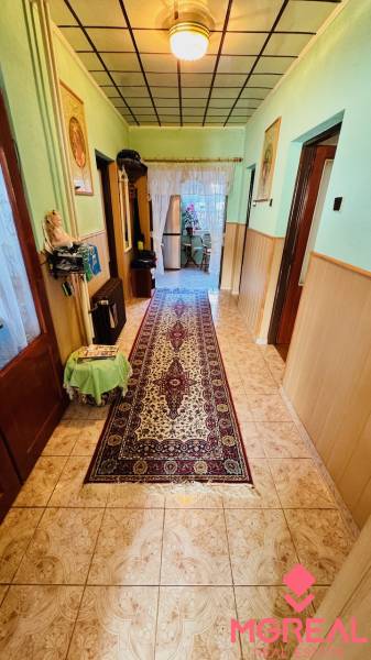 A hallway in a family house with a carpet runner and light-colored walls.