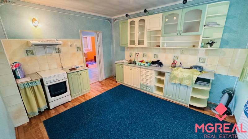 A kitchen with a wood-patterned floor in a family house, featuring bold blue and green elements.