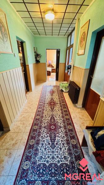 A hallway in a family house with a colorful carpet and wooden decor on the walls.
