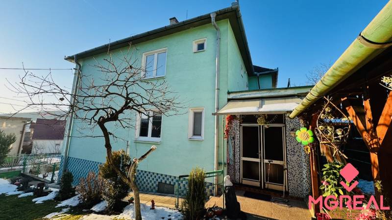 A family house in Horná Ves with a green facade, a garden with remnants of snow.