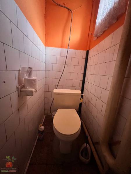A toilet in a family house with orange walls and white tiles.