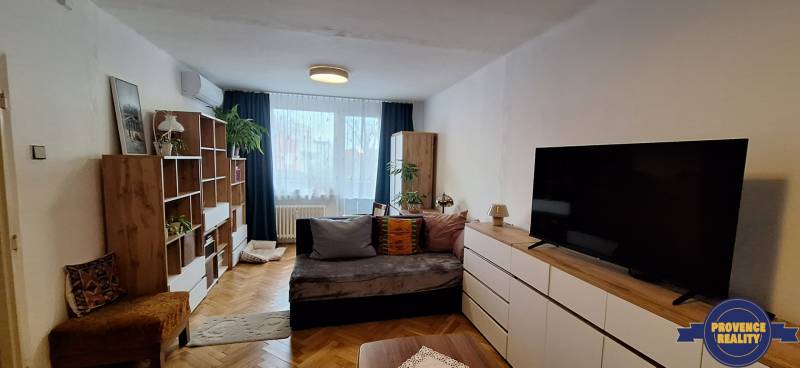 Living room in a 3-room apartment with a wood-patterned floor, a sofa, and a large TV.