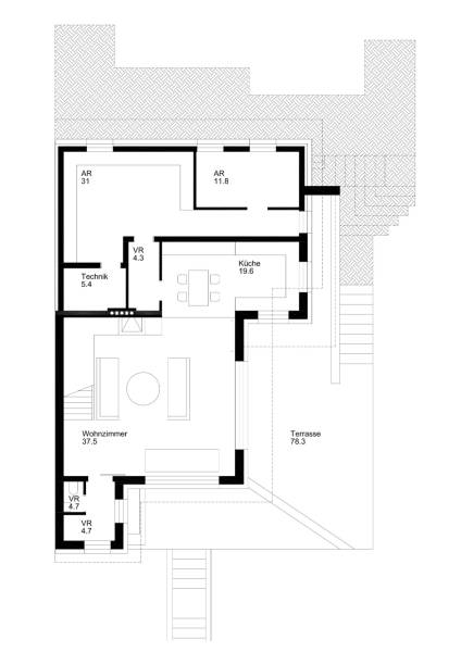 Floor plan of a family house with a staircase, kitchen, living room, and spacious terrace.