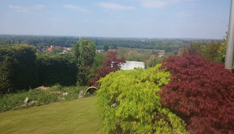 A garden of a family house in Hainburg an der Donau with a panoramic view of the countryside.