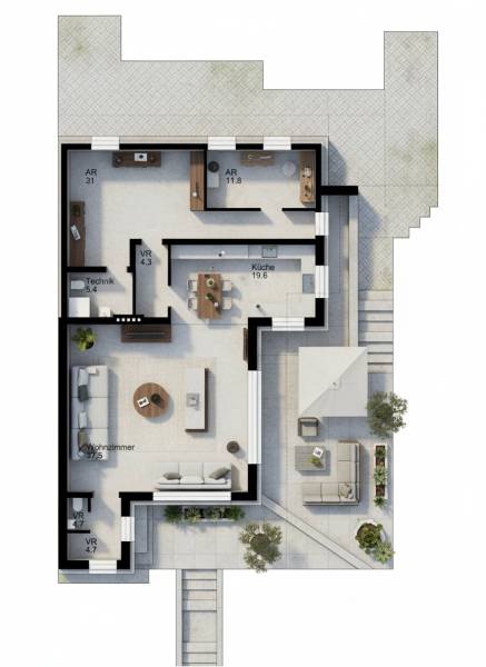 Floor plan of a family house with a spacious living room, kitchen, and two utility rooms.