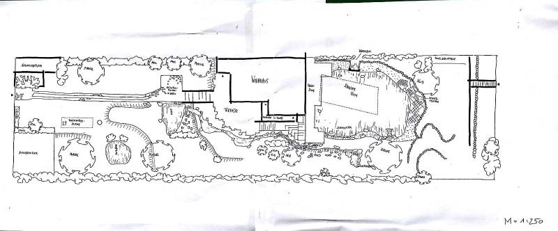Layout of the garden with a pool, paths, and landscaping in a family house in Hainburg an der Donau.